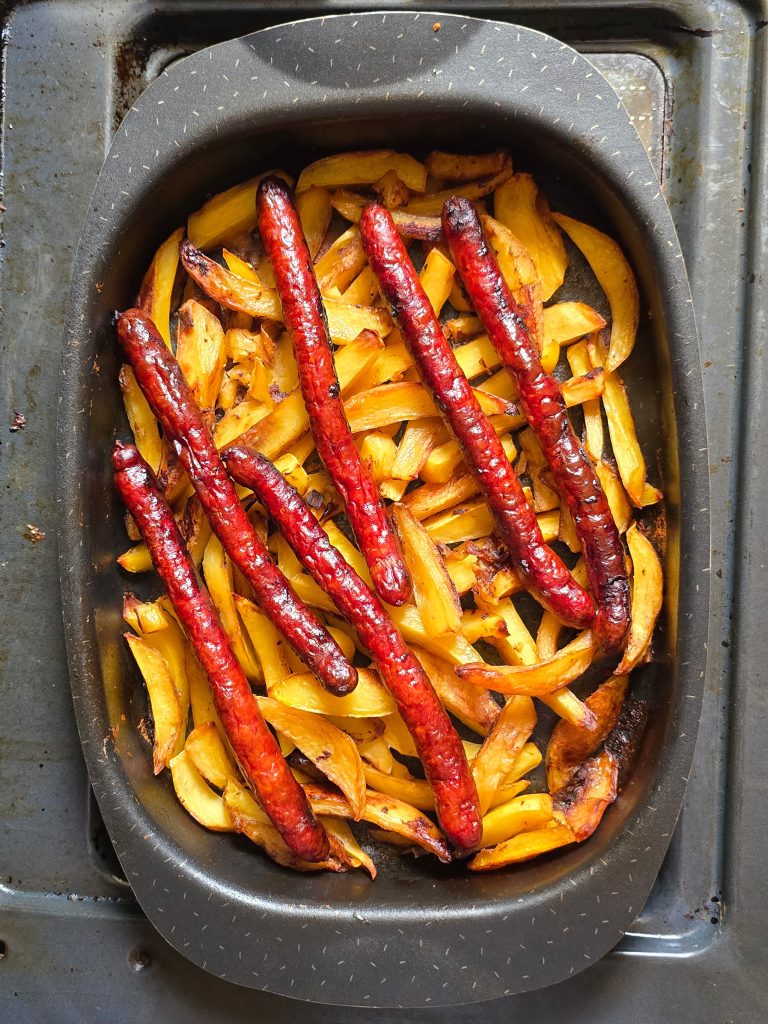 Oven roasted sausages and potatoes